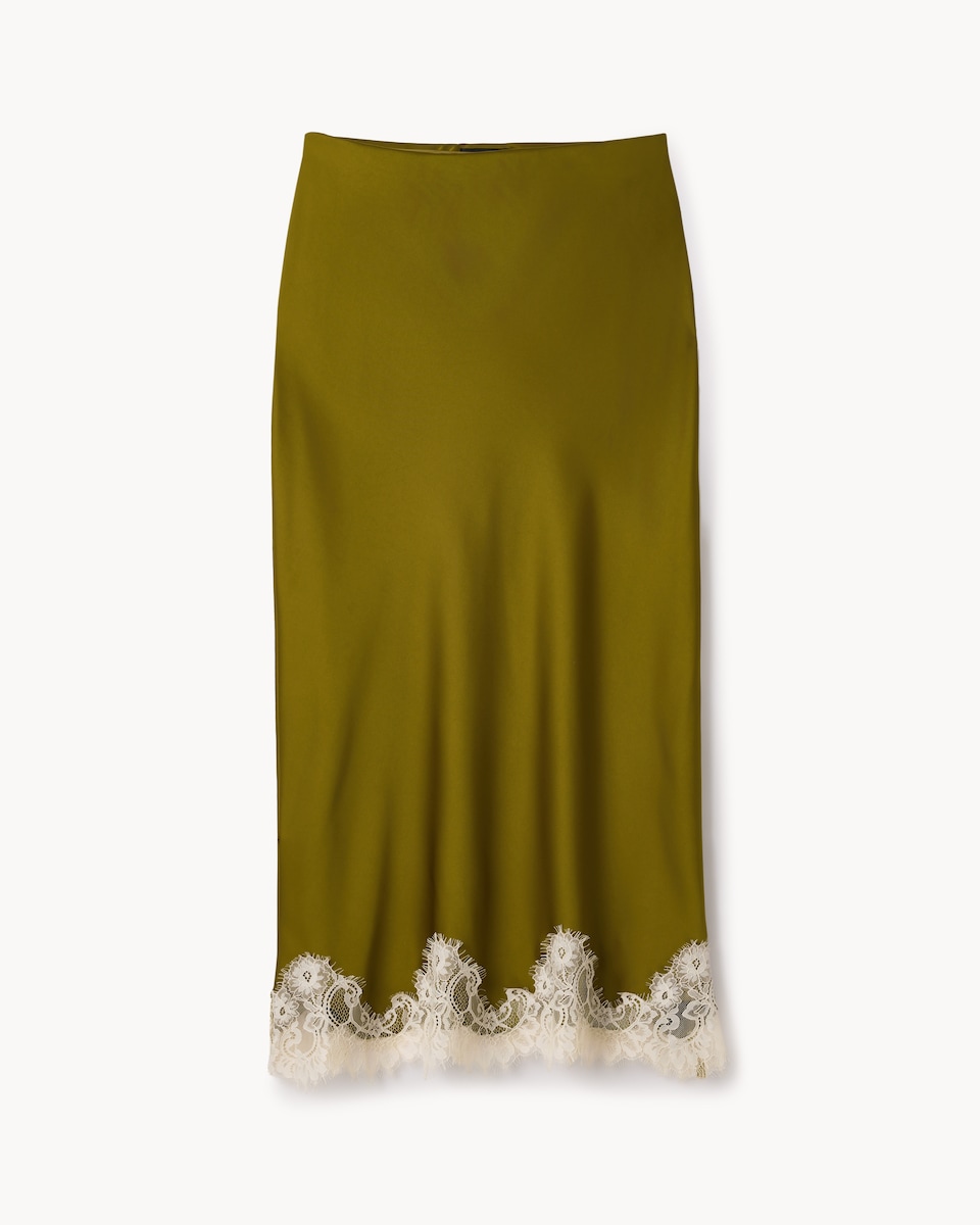 image 1 of The F&F Edit Satin Lace Trim Co-ord Midi Skirt in Green