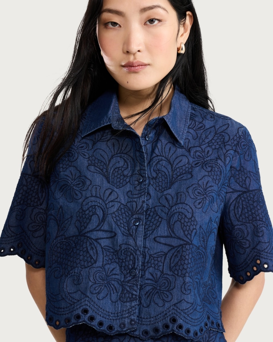 image 1 of The F&F Edit Pure Cotton Embroidered Cropped Co-ord Shirt in Blue