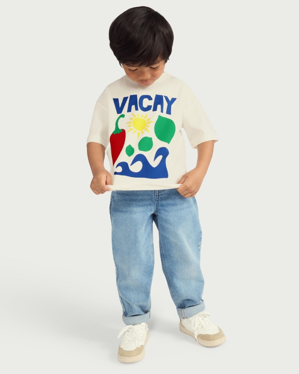 image 1 of F&F Boys Pure Cotton Vacay Print T-Shirt in Cream