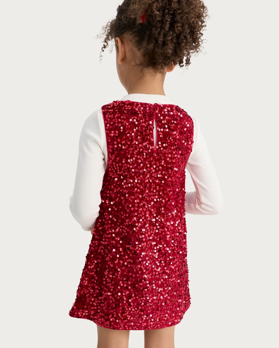 image 1 of F&F Girls 2-Piece Sequin Embellished Dress and Long Sleeved Top Set in Red