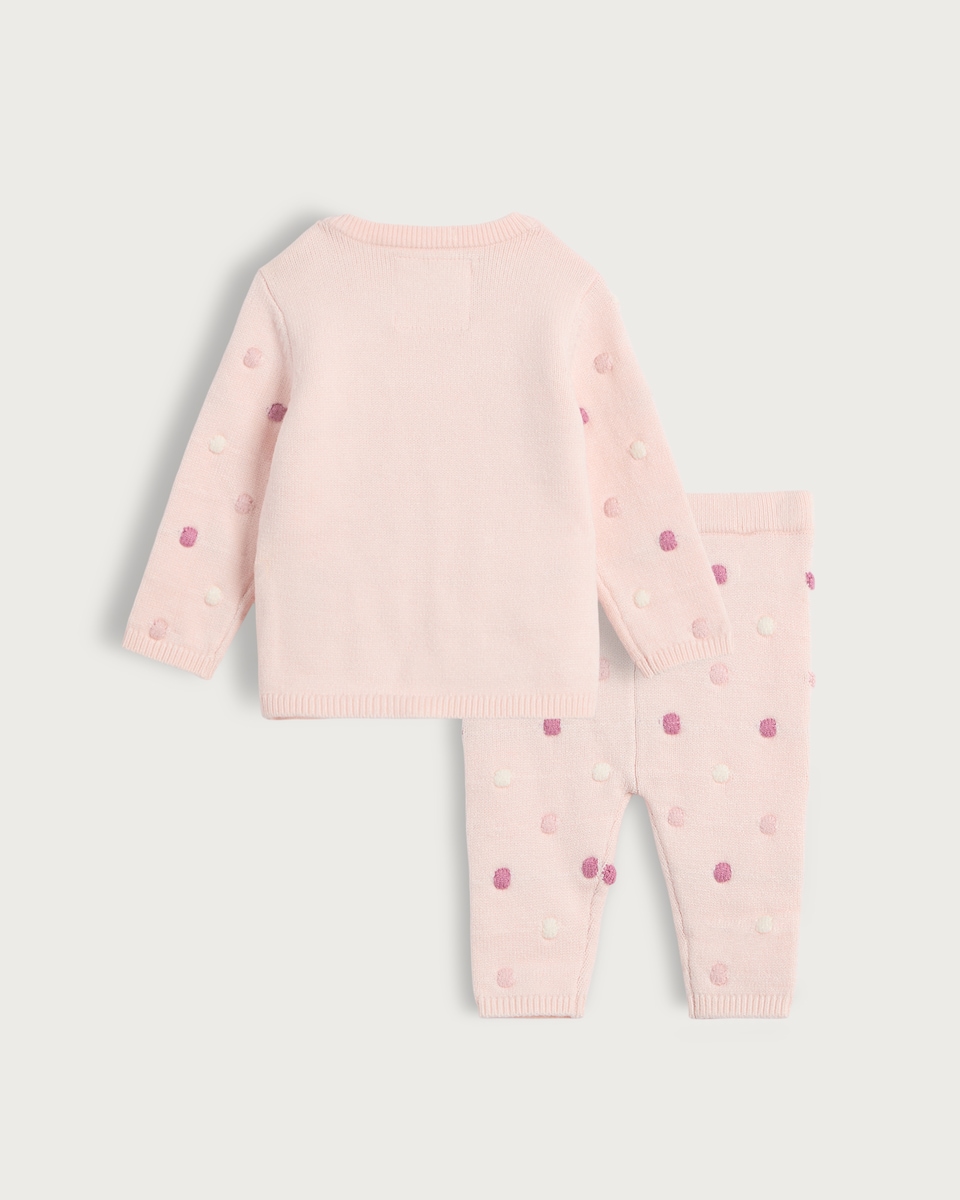 image 1 of F&F Baby 2-Piece Knitted Polka Dot Jumper and Leggings Set in Pink