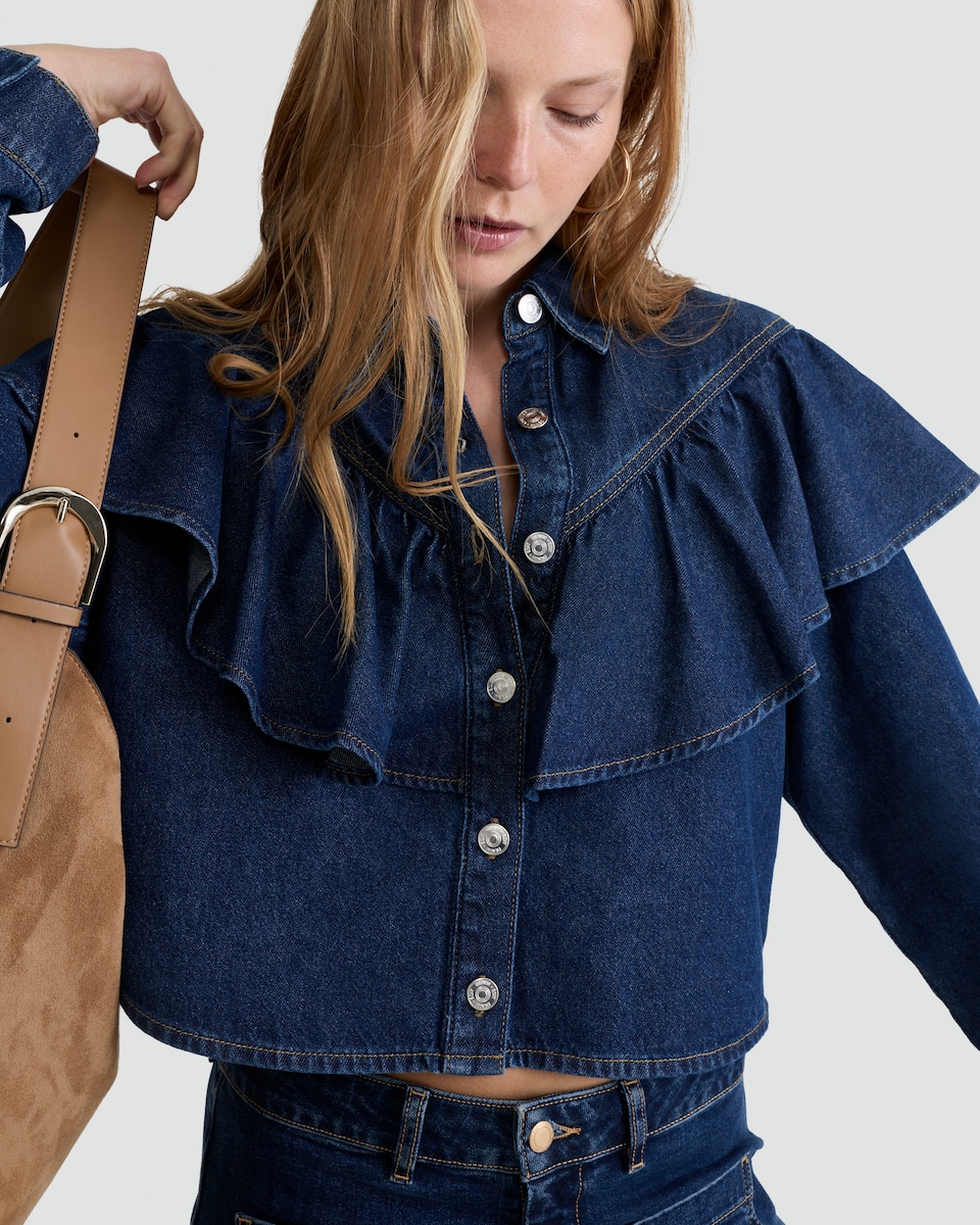 image 1 of The F&F Edit Pure Cotton Denim Ruffled Shirt in Navy