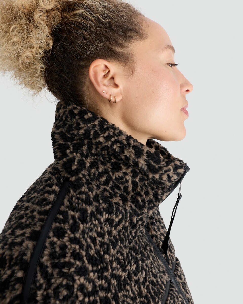 image 1 of F&F Active Fleece Leopard Print Zip Up Jacket in Multi Black