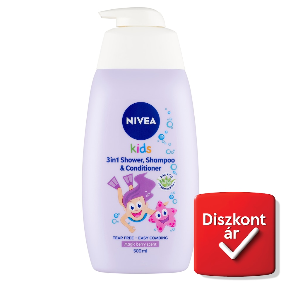 NIVEA Kids Magic Berry 3in1 tusfürdő, sampon és balzsam kamilla és bio aloe vera kivonattal 500 ml  1. kép