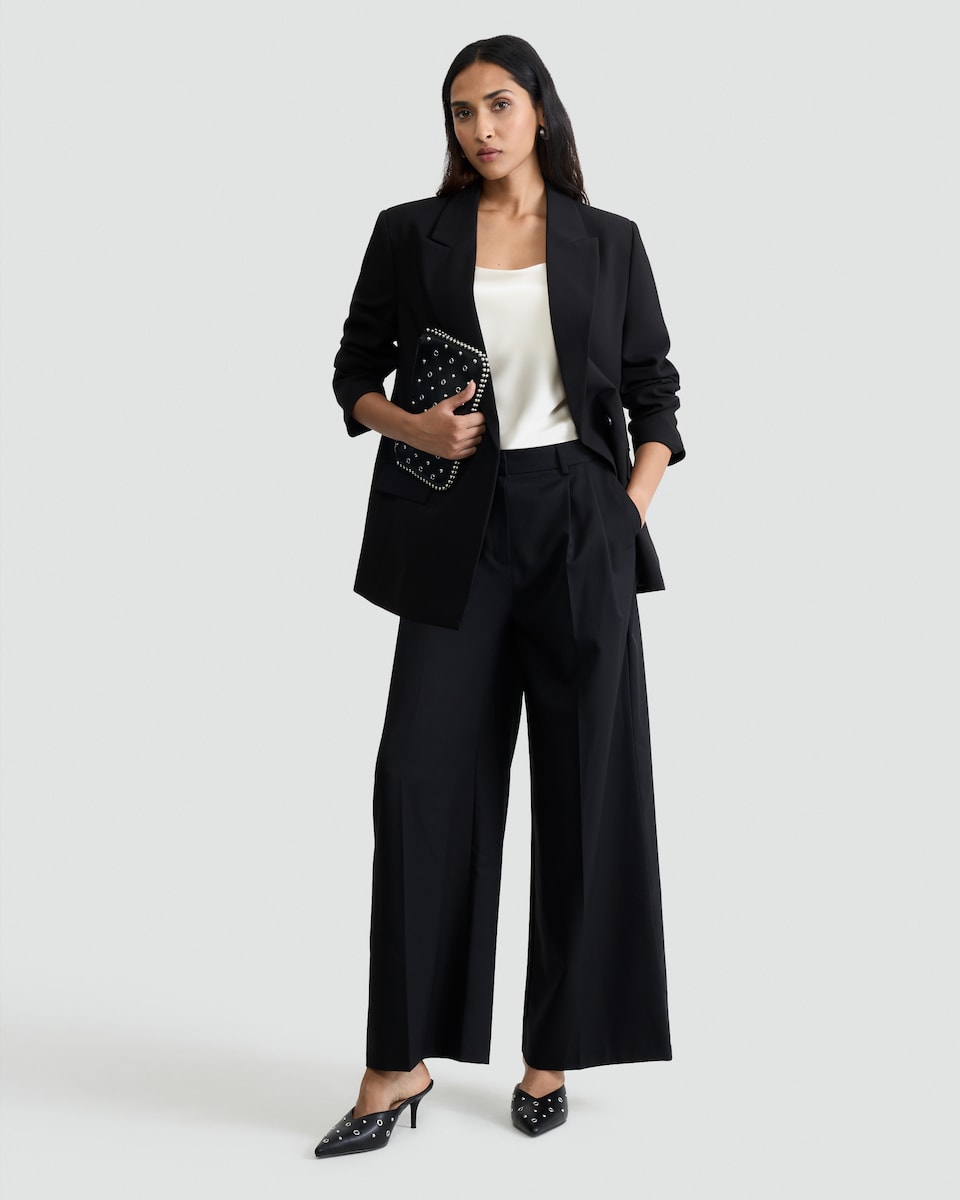 image 1 of F&F Wool Blend Super Wide Leg Pleated Trousers in Black