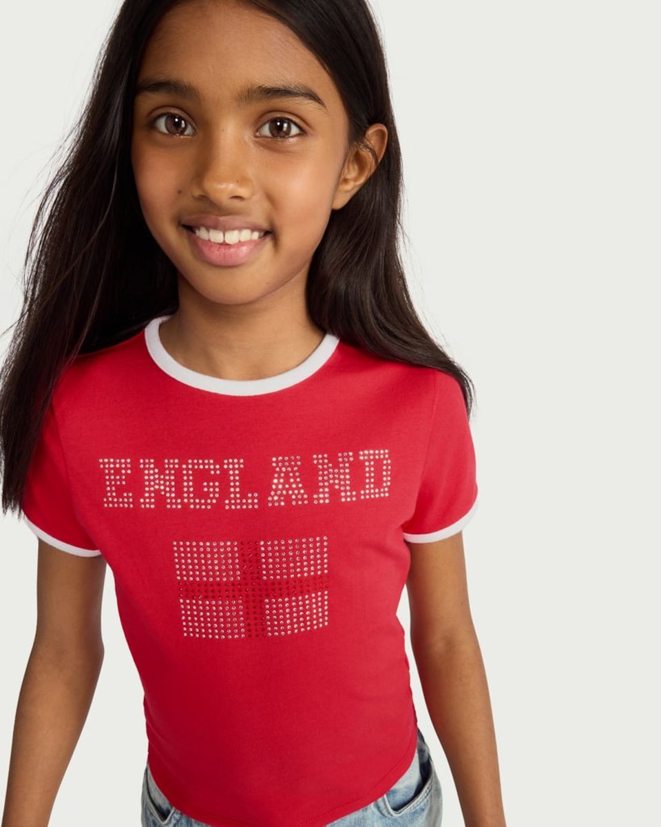 image 1 of F&F Girls Cotton Rich England Flag Embellished T-Shirt in Red