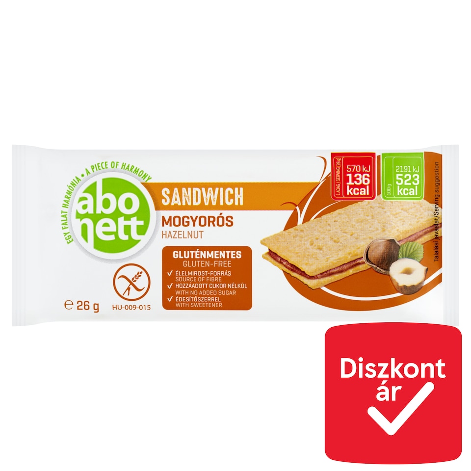 Abonett gluténmentes mogyorós szendvics édesítőszerrel 26 g  1. kép