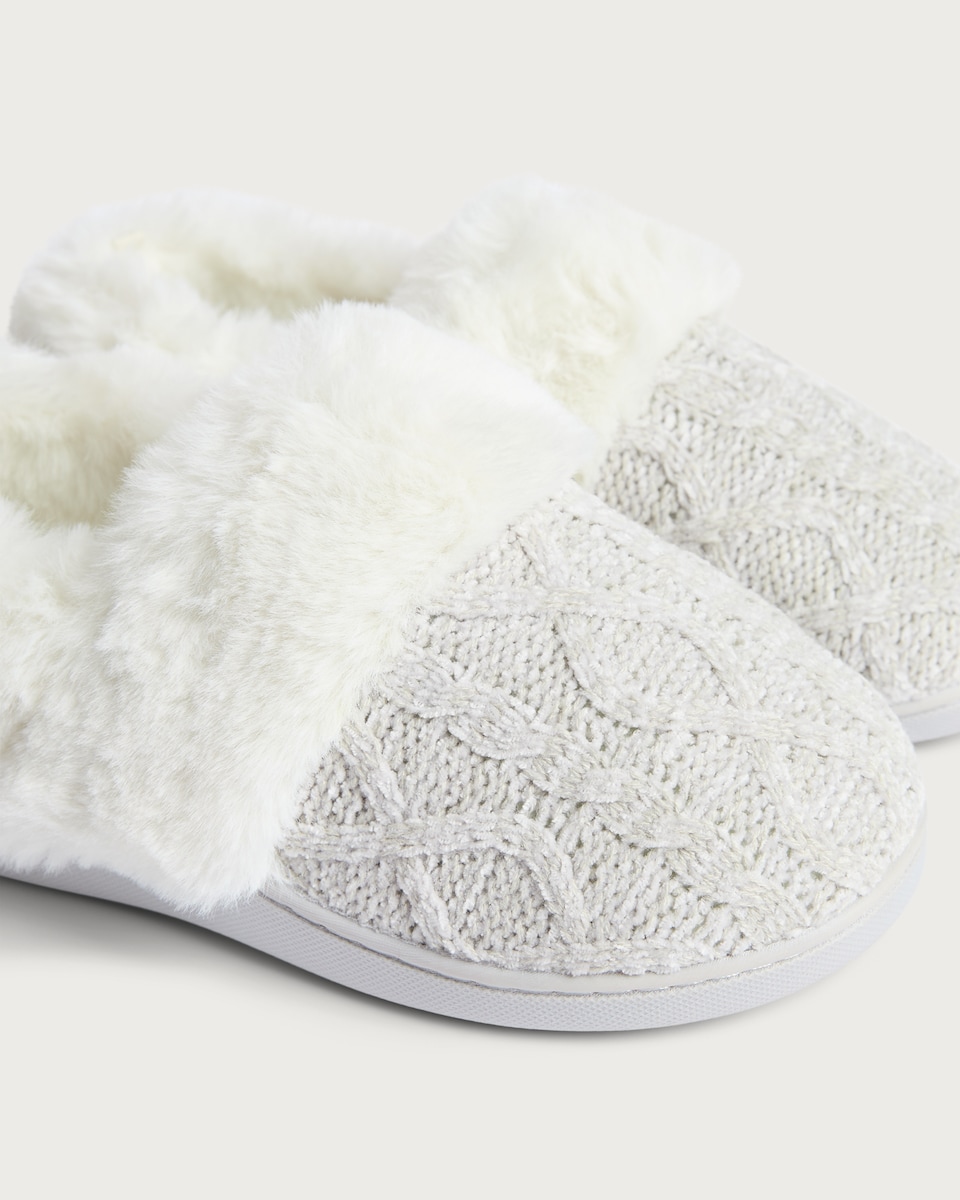 image 1 of F&F Cable Knit Faux Fur Lined Slippers in Grey