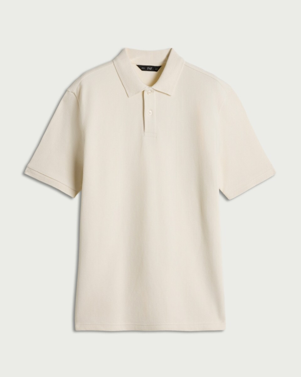 image 1 of F&F Pure Cotton Textured Polo Shirt in Cream