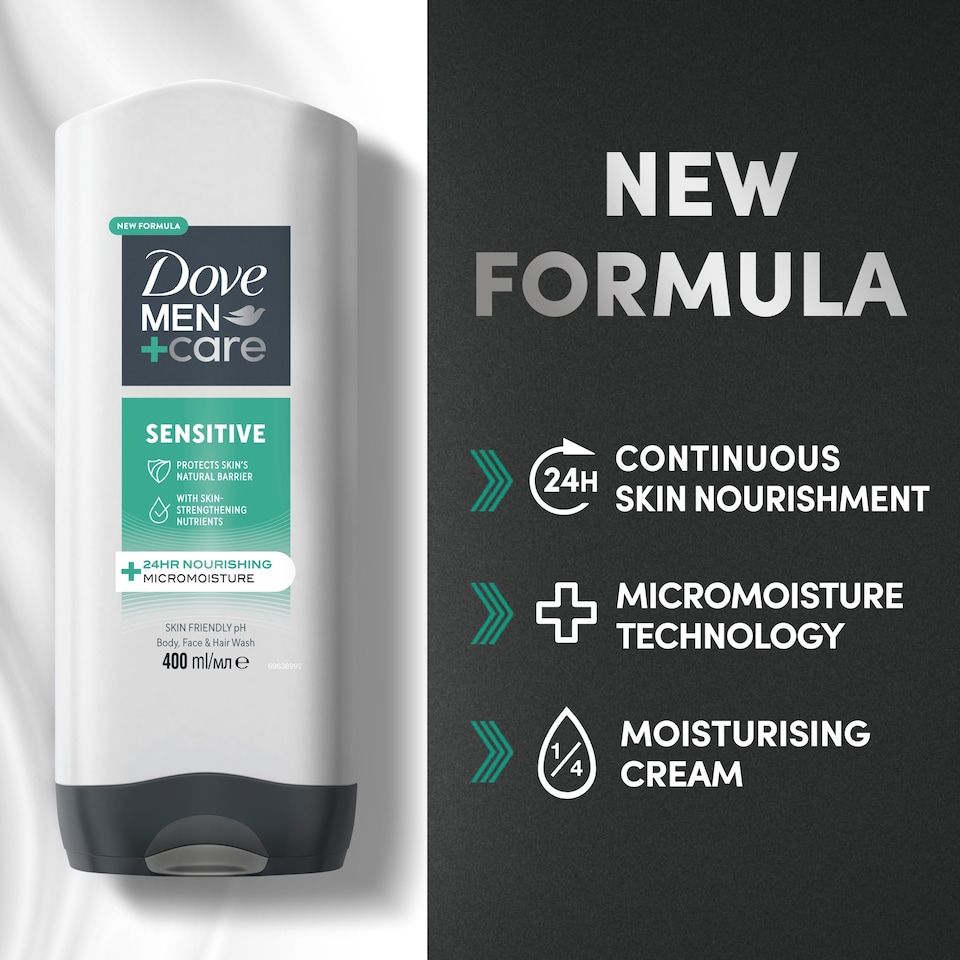image 1 of Dove Men+Care Sensitive 3 In 1 Body Face+Hair 400Ml