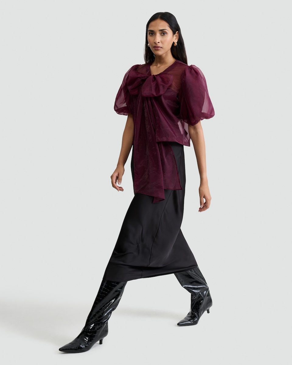image 1 of F&F Sheer Puff Sleeved Bow Front Blouse in Burgundy