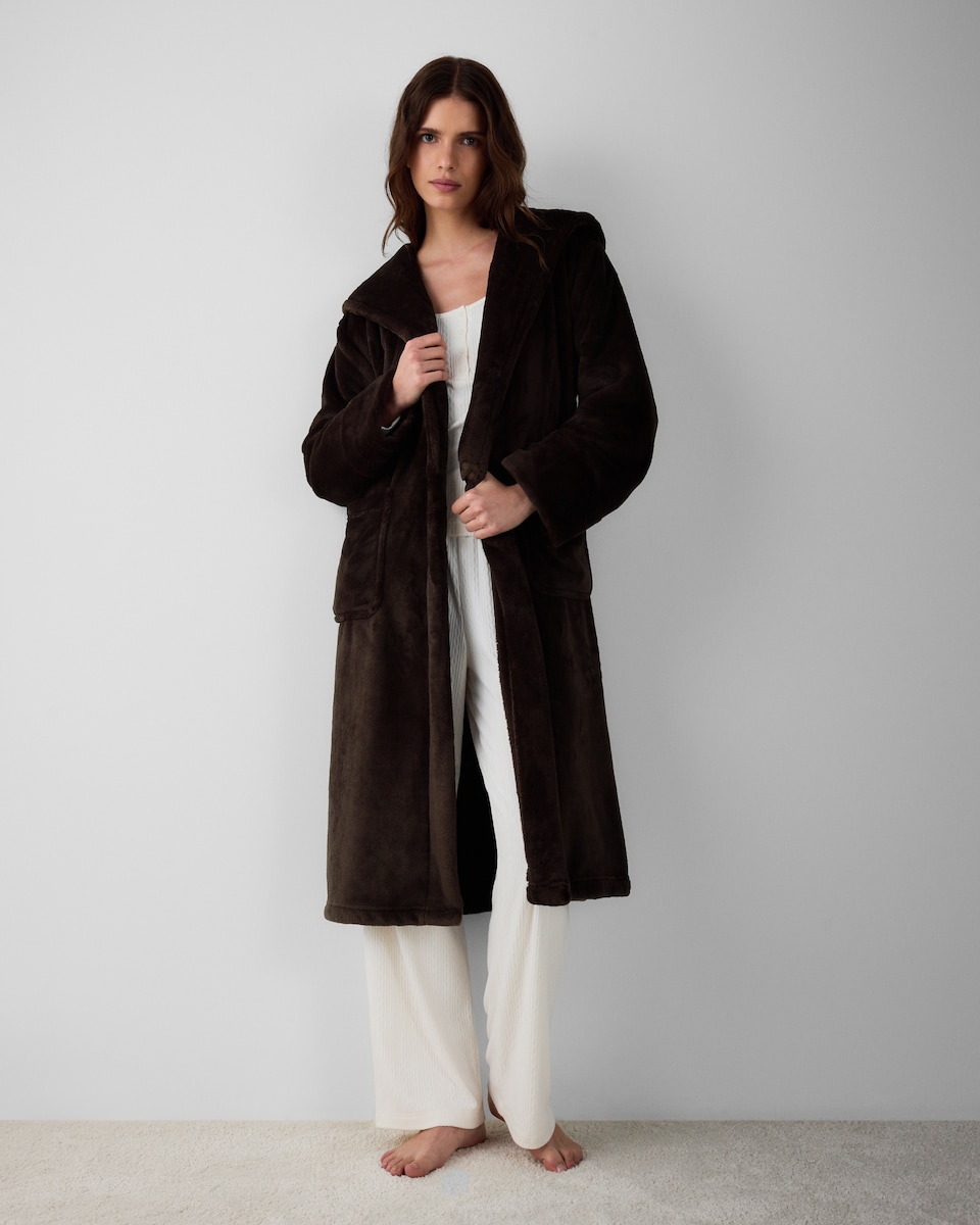 image 1 of F&F Fleece Hooded Dressing Gown in Chocolate