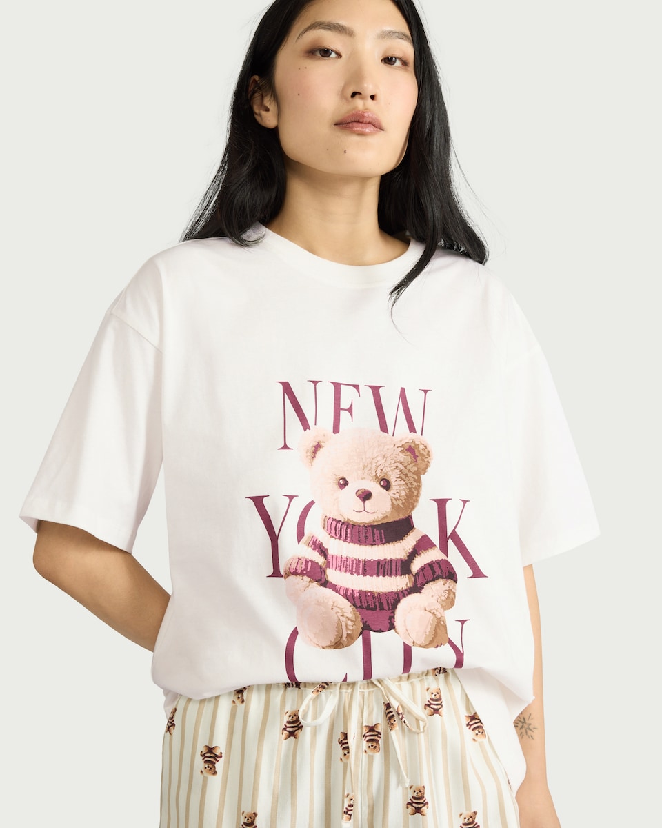 image 1 of F&F Cotton Blend NYC Bear Print Pyjama Set in Cream