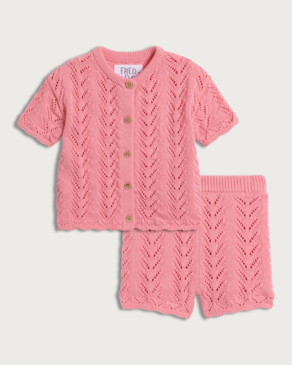 F&F Baby 2-Piece Pure Cotton Pointelle Cardigan and Shorts in Pink