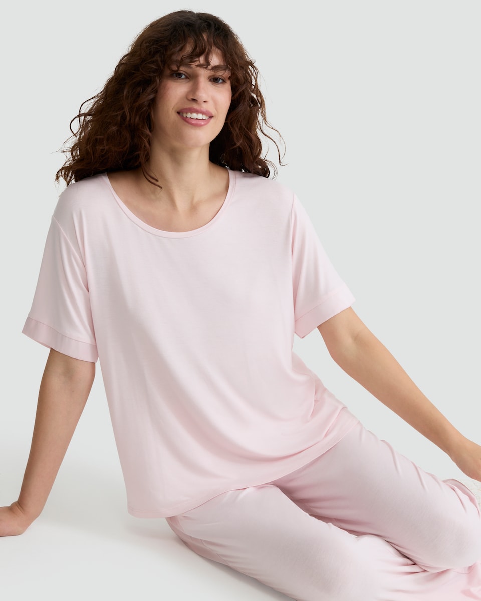 image 1 of F&F Scoop Neck Short Sleeved Pyjama Top in Pink
