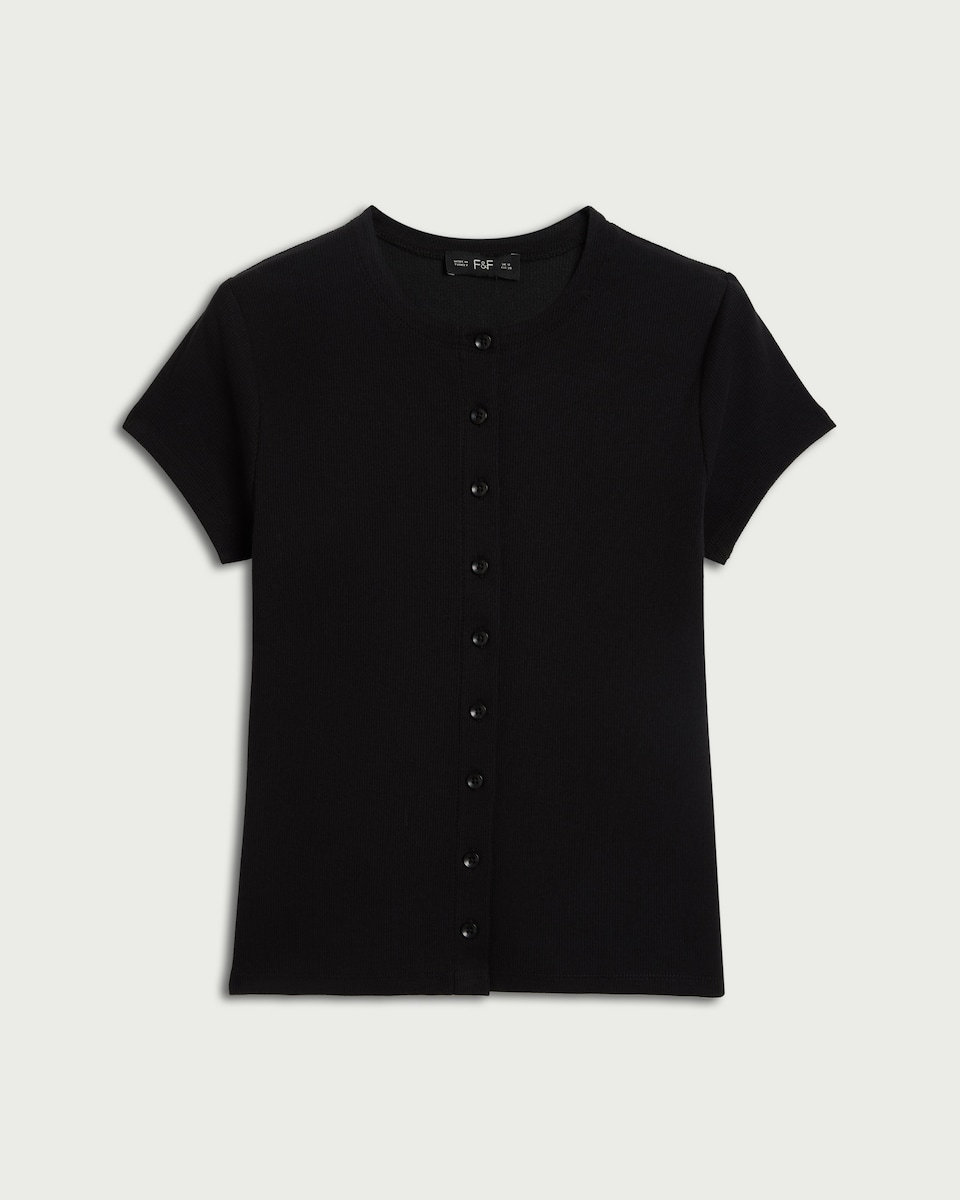 image 1 of F&F Cotton Rich Ribbed Button Up Top in Black
