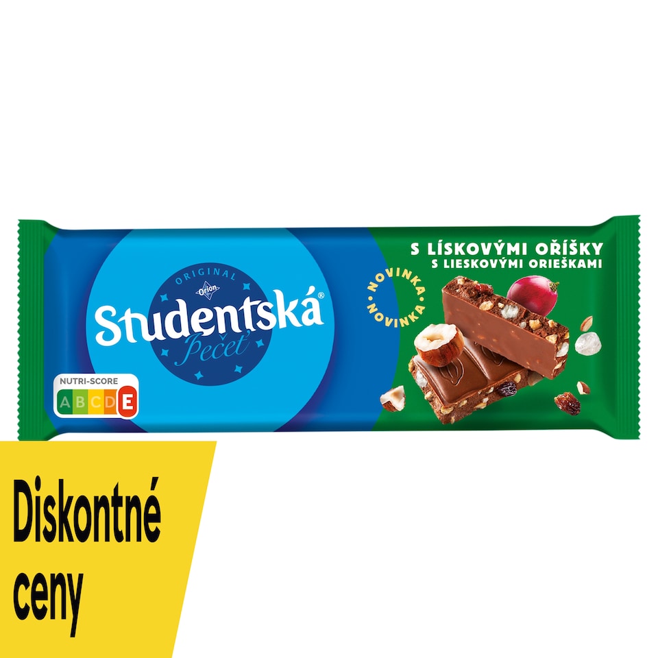 ORION Študentská pečať Mliečna čokoláda s kúskami lieskových orieškov, s hrozienkami a želé 90 g