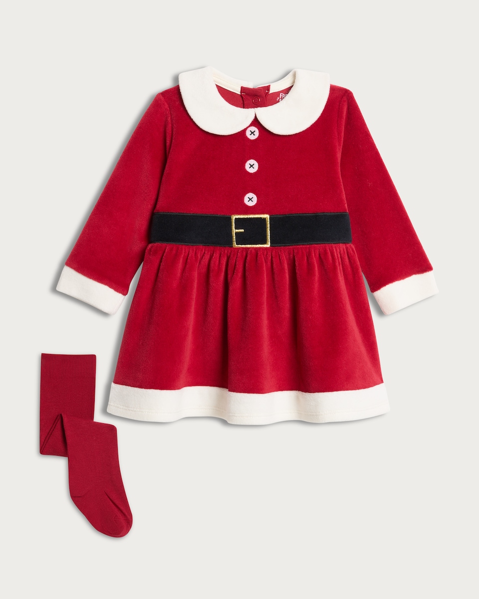image 1 of F&F Baby 2-Piece Velour Santa Dress and Tights Set in Red