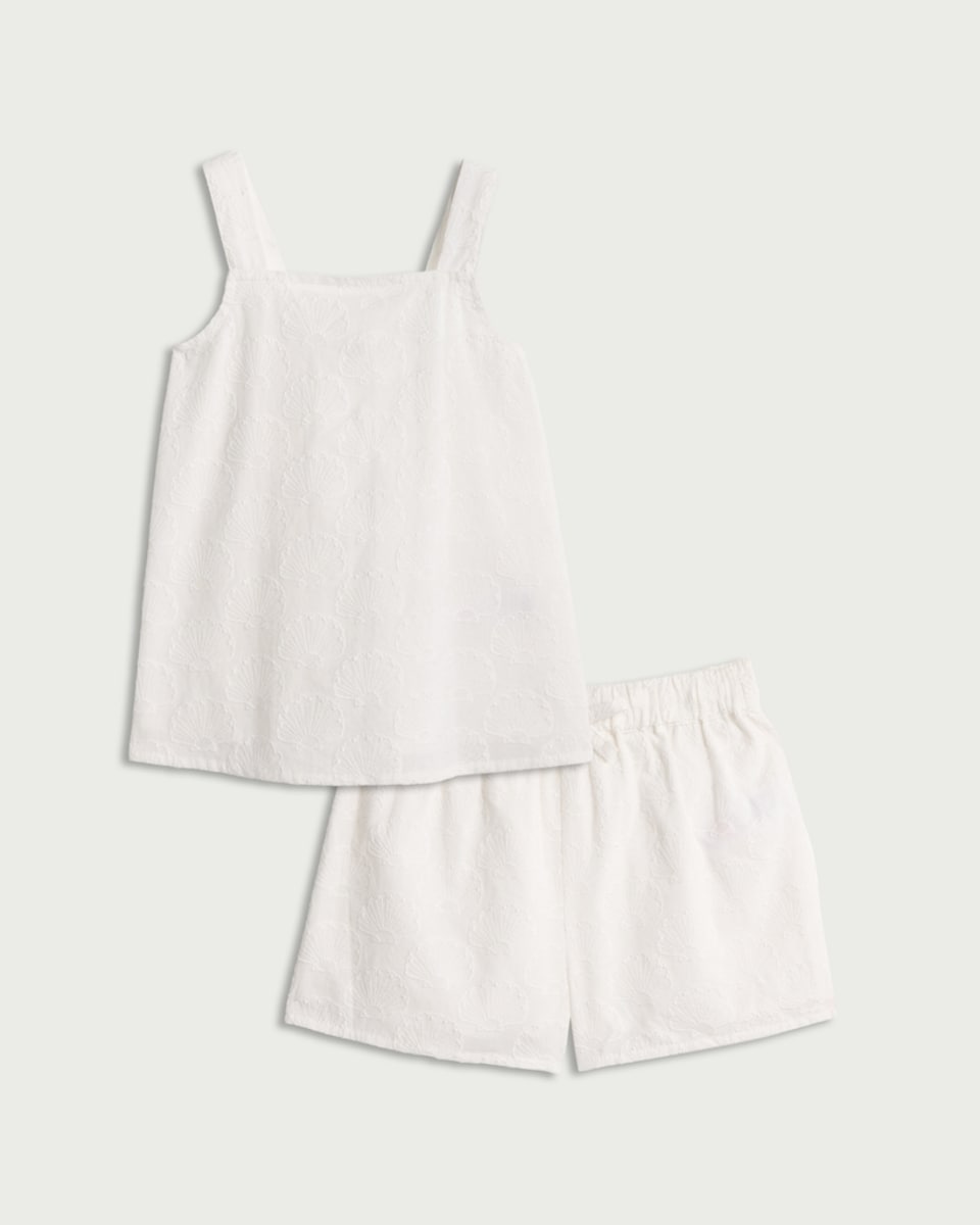 image 1 of F&F Girls 2-Piece Pure Cotton Shell Embroidered Top and Short Set in White