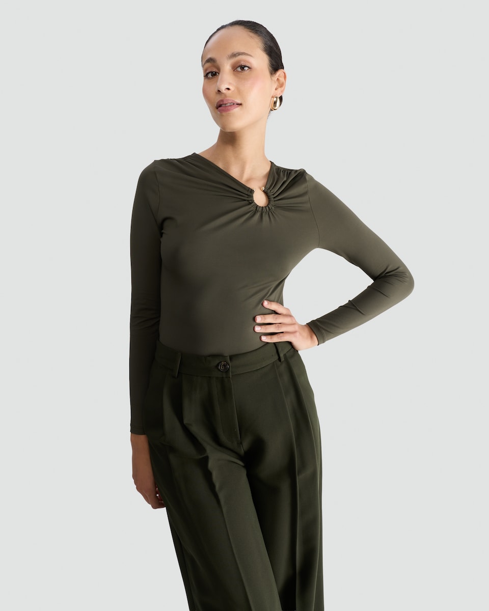 image 1 of F&F Polyamide Ring Detail Long Sleeved Top in Olive