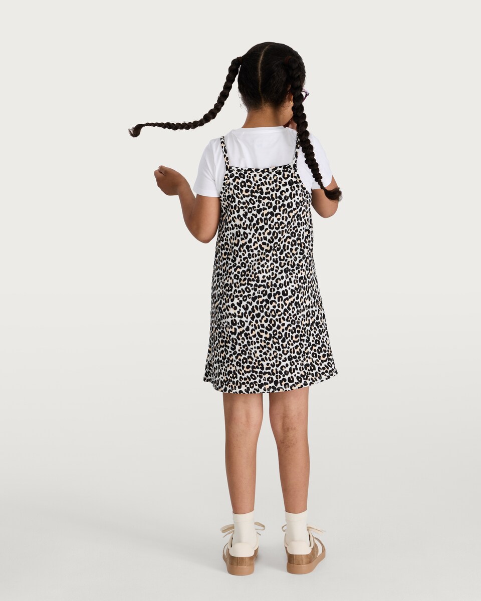 image 1 of F&F Girls Cotton Rich Leopard Print Layered Dress in Multi