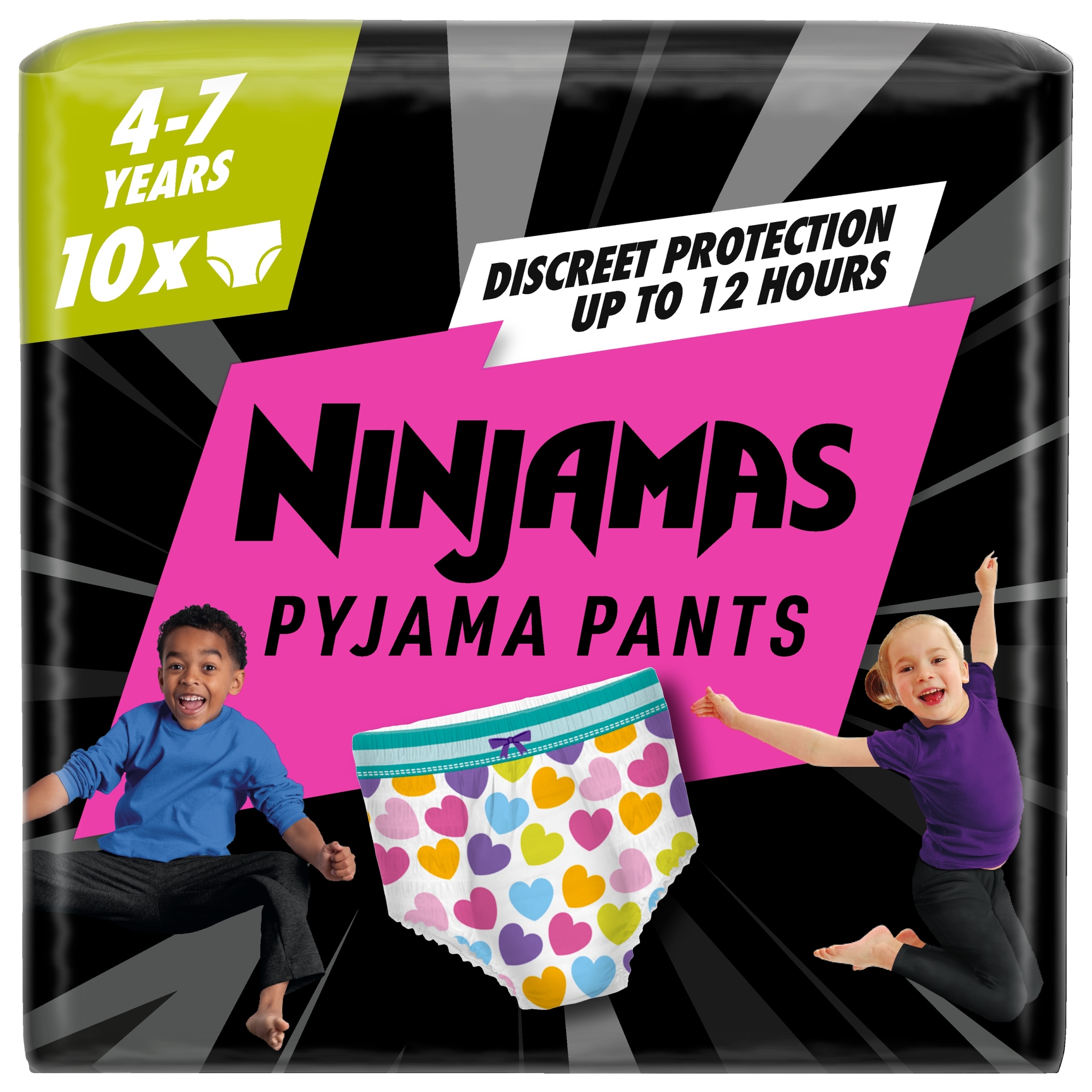 Hungary product data sample: Ninjamas Pyjama Pants Szívecskés, 10 db Pyjama Bugyipelenka, 7 Éves Kor, 17kg-30kg