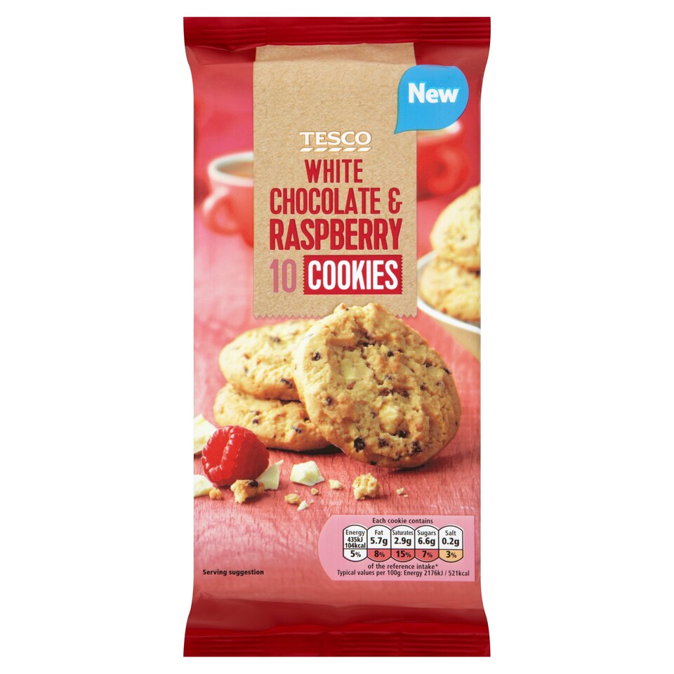 Tesco White Chocolate Raspberry 10 Cookies 200G Tesco Groceries