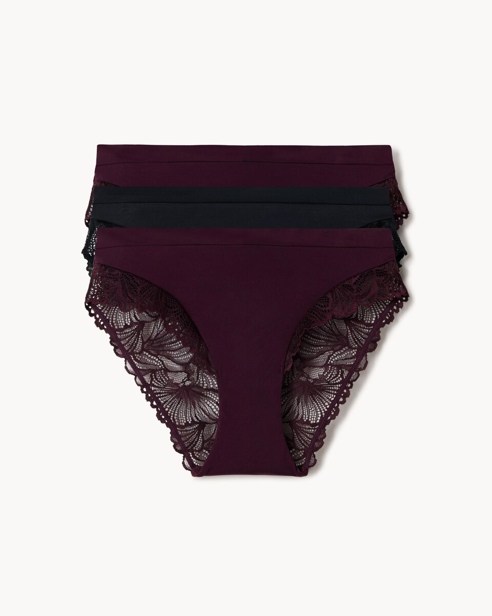 image 1 of F&F 3-Pack Lace Trim High Leg Knickers in Burgundy