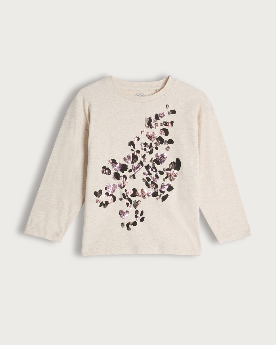 image 1 of F&F Girls Pure Cotton Foil Leopard Print Heart Print Top in Stone