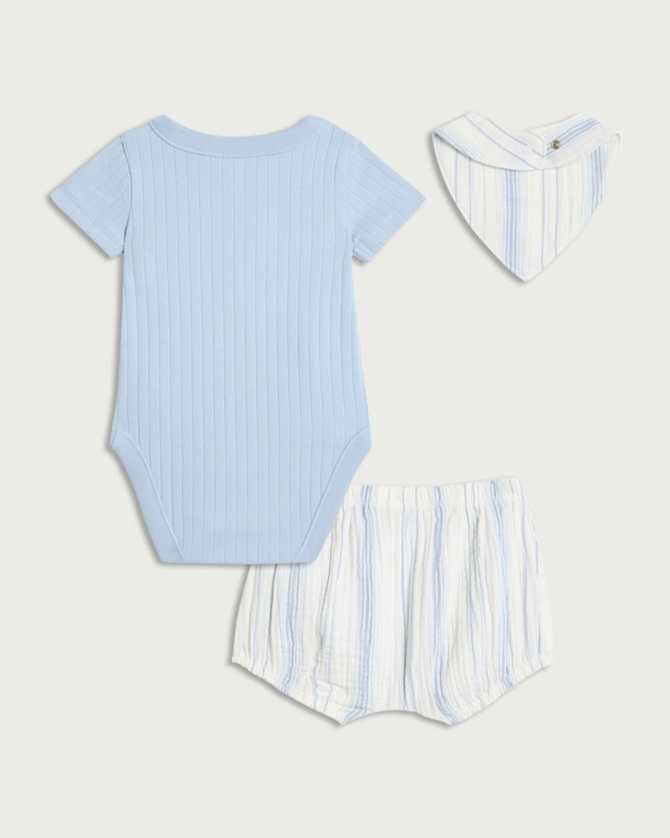 image 1 of F&F Baby 3-Piece Cotton Rich Bodysuit, Bloomers and Bib Set in Blue