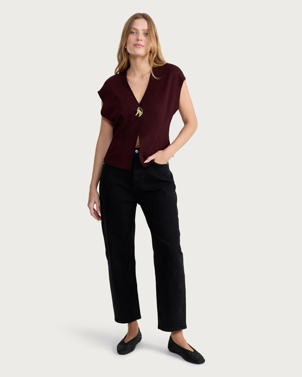 image 1 of F&F V Neck Metal Accent Top in Mink