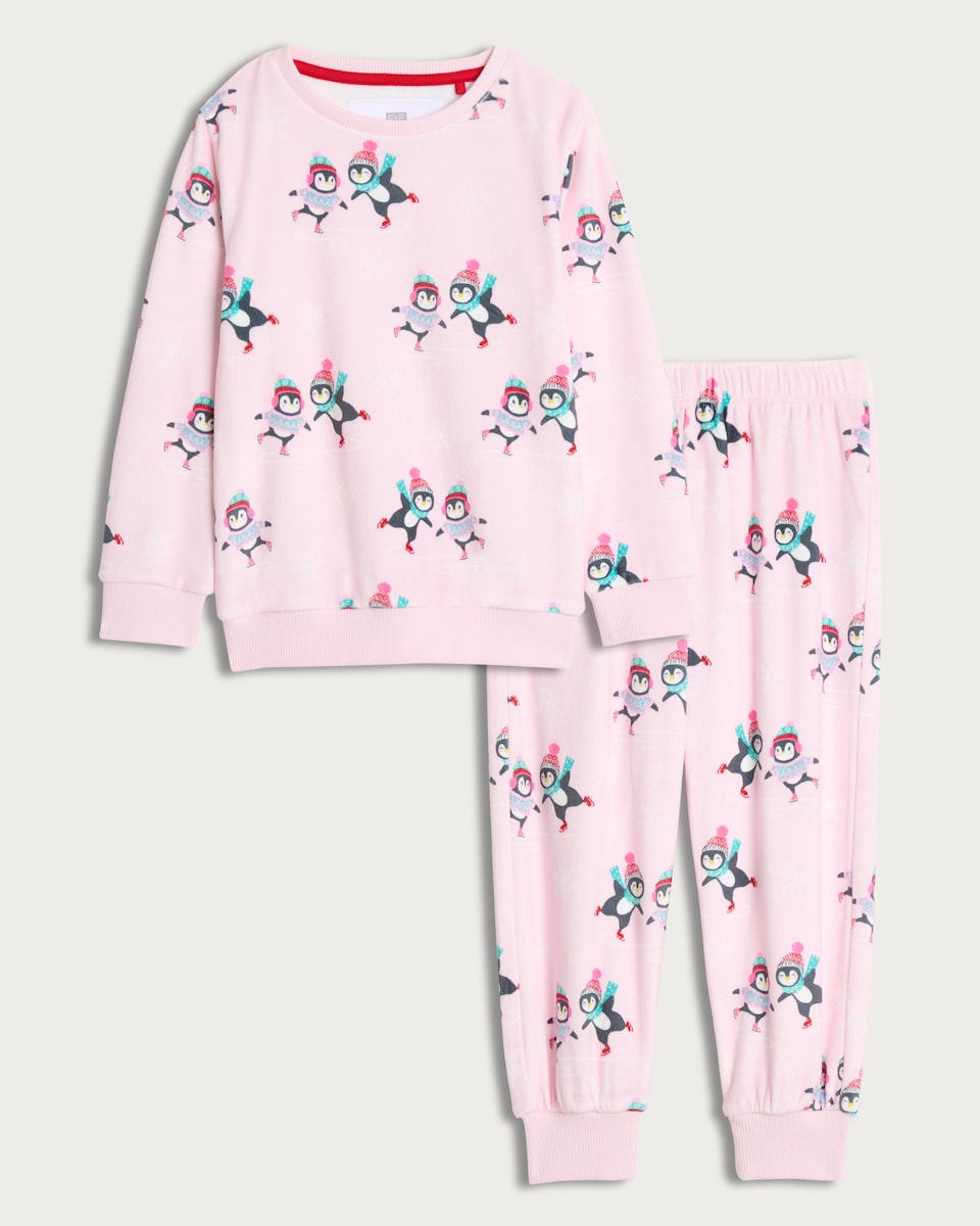 image 1 of F&F Girls Minky Fleece Penguin Print Pyjama Set in Pink