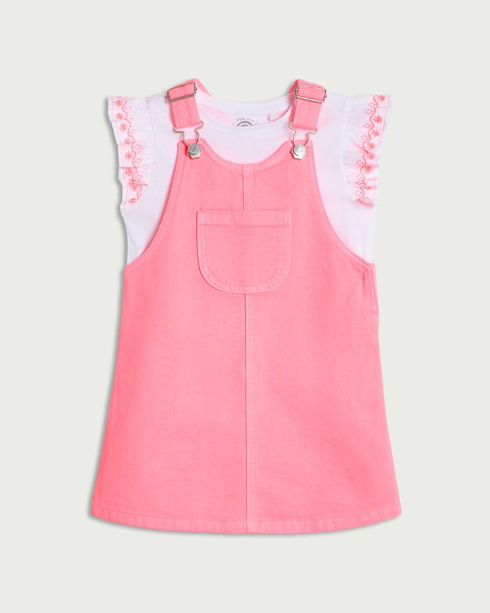 image 1 of F&F Girls 2-Piece Pure Cotton Pinafore and Embroidered T-Shirt Set in Pink