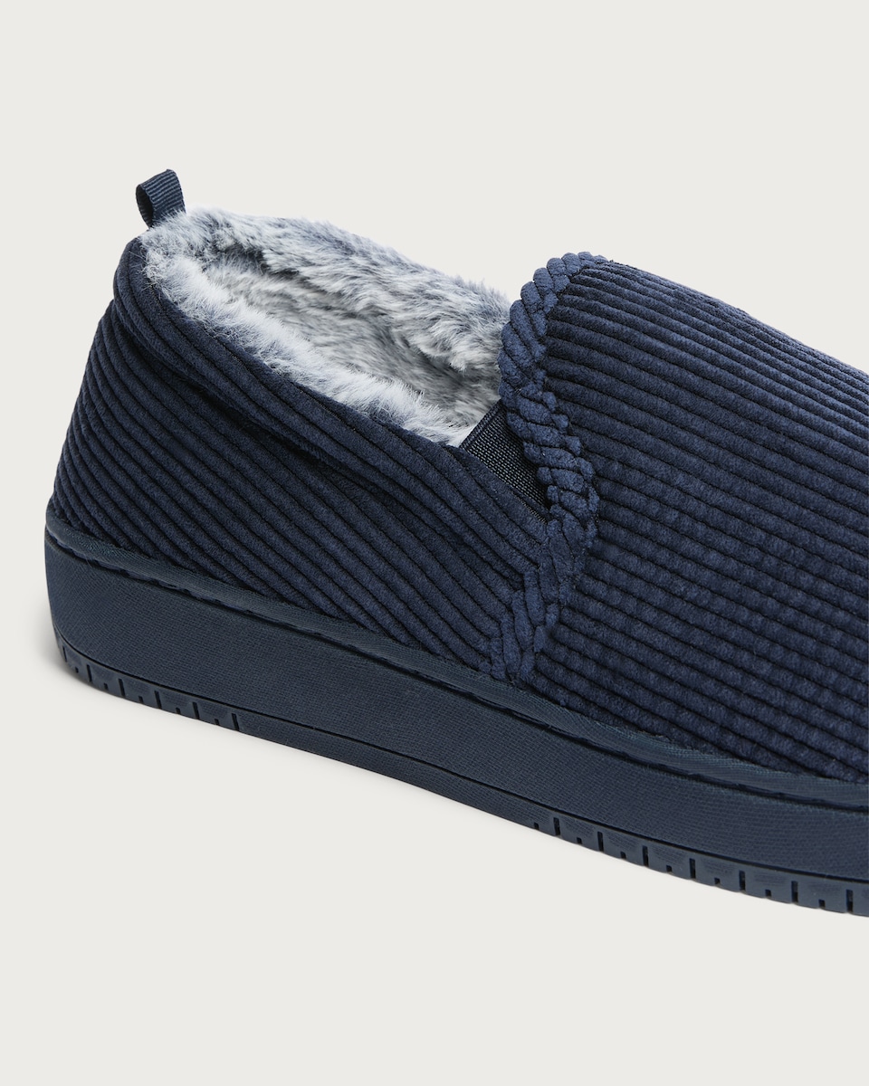 image 1 of F&F Corduroy Faux Fur Lined Slippers in Navy