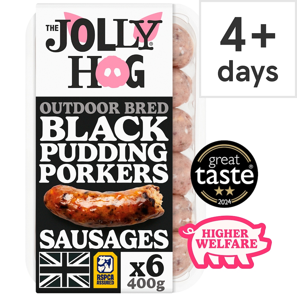  The Jolly Hog 6 Black Pudding Porker sausages with Black Pudding and Apple 400g |British & Outdoor Bred