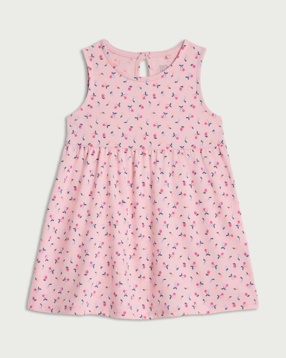 image 1 of F&F Baby Pure Cotton Cherry Print Sleeveless Dress in Pink