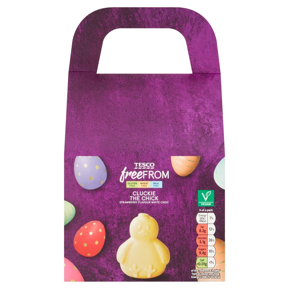 Tesco Free From Cluckie The Chick Strawberry Flavour White Choc 100g
