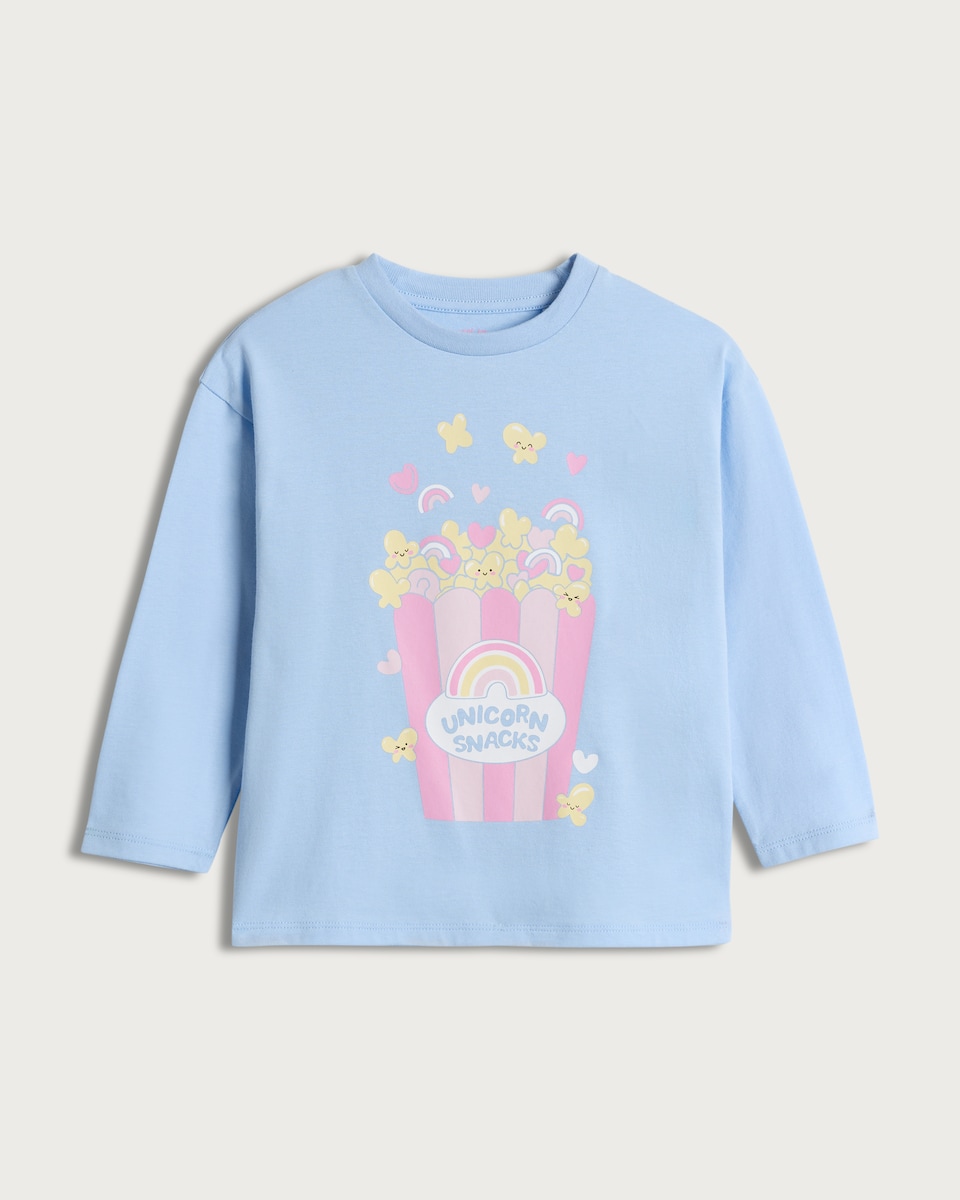 image 1 of F&F Girls Pure Cotton Unicorn Snacks Long Sleeved Top in Blue