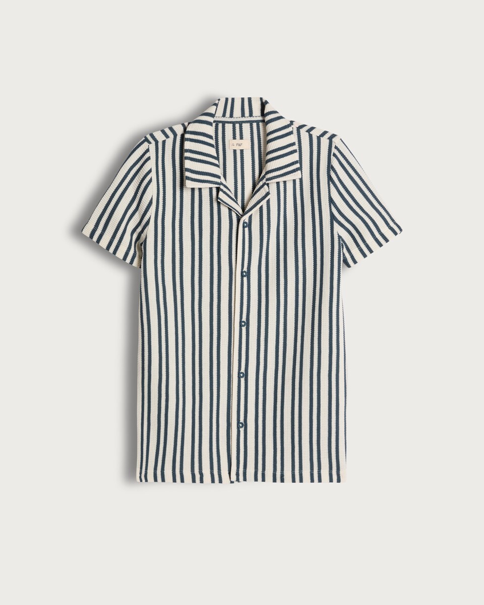 image 1 of F&F Boys Striped Revere Shirt in Multi Black White