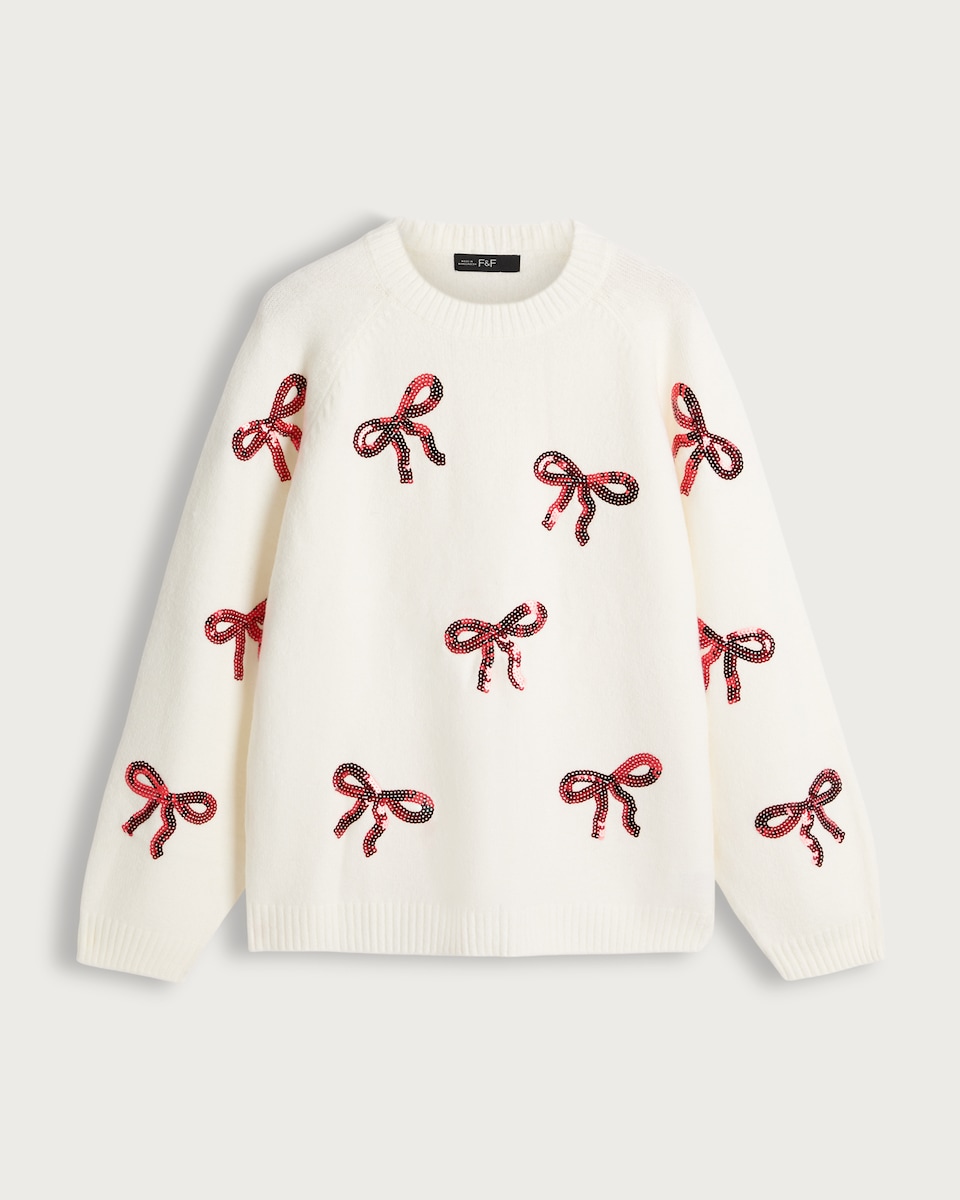 F&F Knitted Bow Sequin Embellished Jumper in Cream