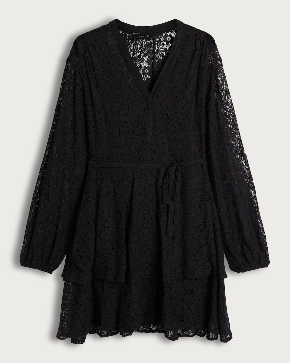 F&F Lace Tiered V Neck Mini Dress in Black