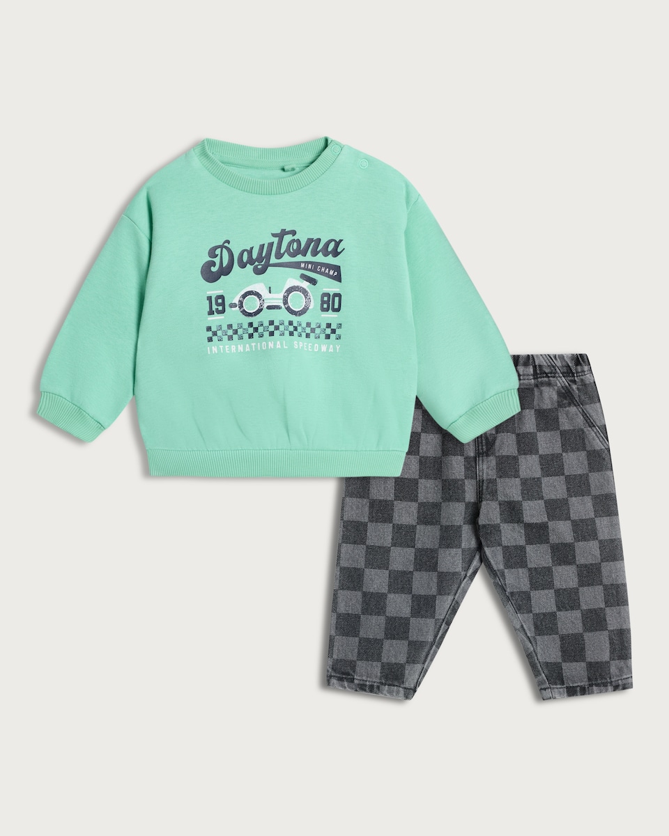 image 1 of F&F Baby 2-Piece Cotton Rich Daytona Speedway Sweatshirt and Trousers Set in Mint