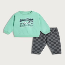 F&F Baby 2-Piece Cotton Rich Daytona Speedway Sweatshirt and Trousers Set in Mint
