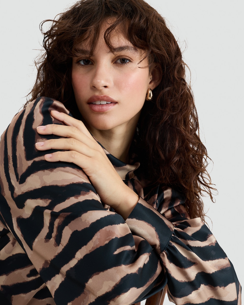 image 1 of F&F Satin Zebra Print Tie Neck Blouse in Multi Brown