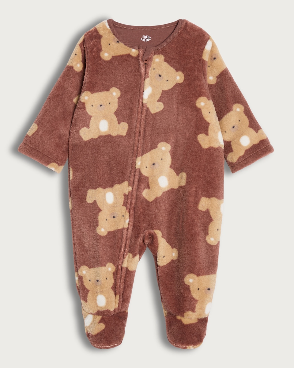 image 1 of F&F Baby Soft Touch Fleece Teddy Bear Print Sleepsuit in Brown