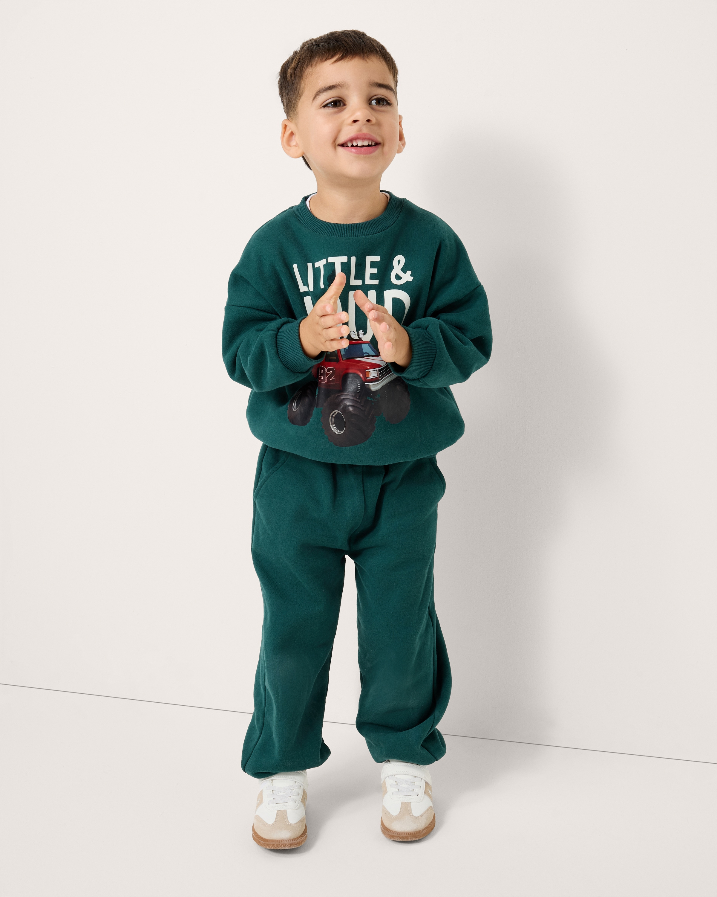 F&F Boys Cotton Rich Vehicle Print Sweatshirt and Joggers Set in Green