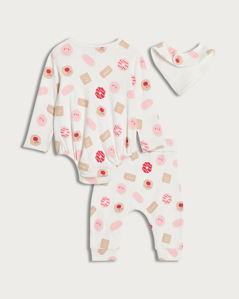 image 1 of F&F Baby 3-Piece Cotton Rich Biscuit Bodysuit, Joggers and Bib Set in Pink
