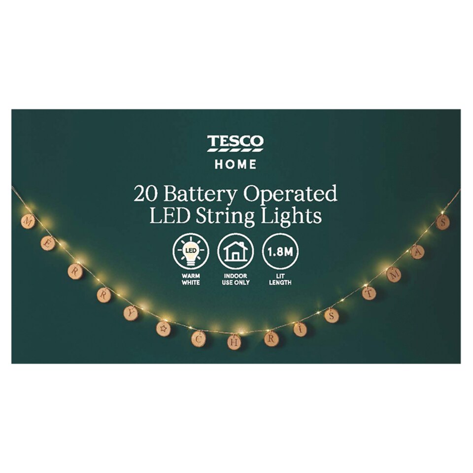image 1 of TESCO MERRY CHRISTMAS WOODEN STRING BATTERY LIGHTS