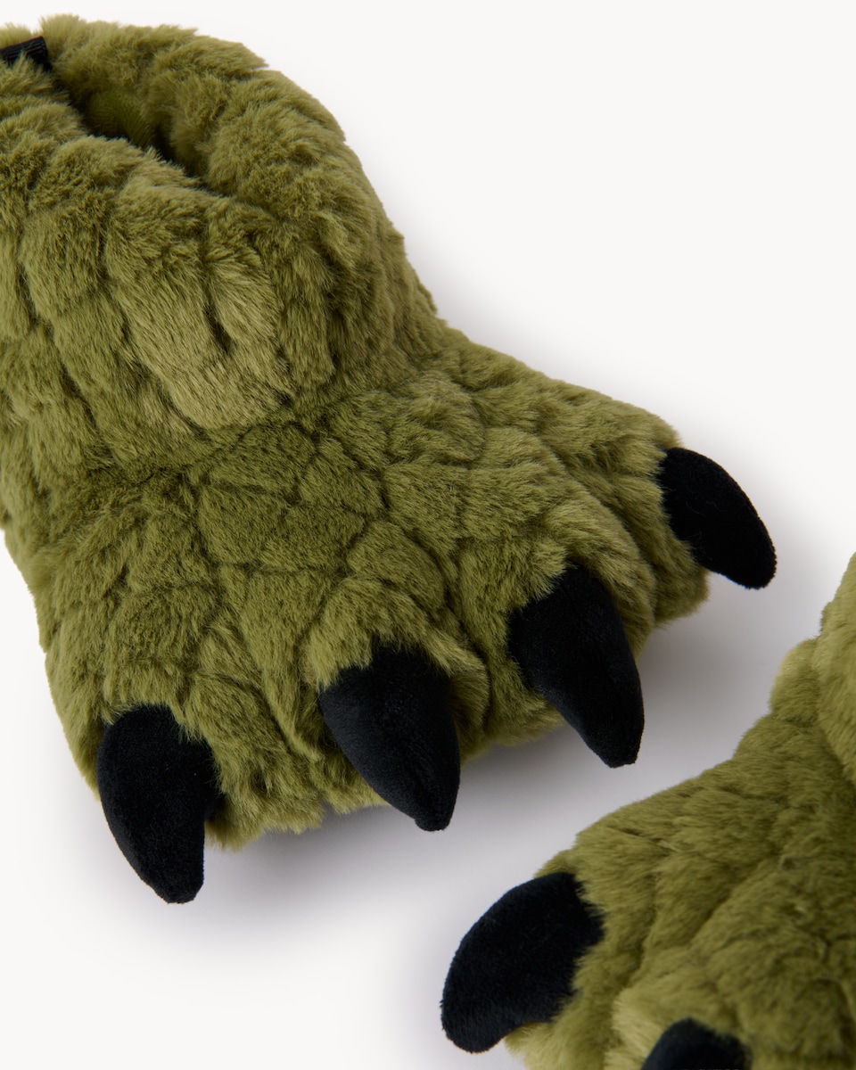 image 1 of F&F Boys Faux Fur Monster Claw Slippers in Green