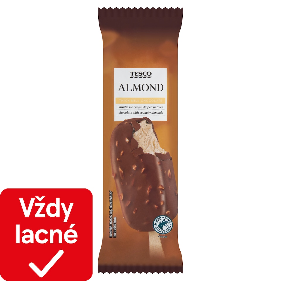 Tesco Mrazený krém vanilkový v mliečnej čokoláde s praženými kúskami mandlí 120 ml